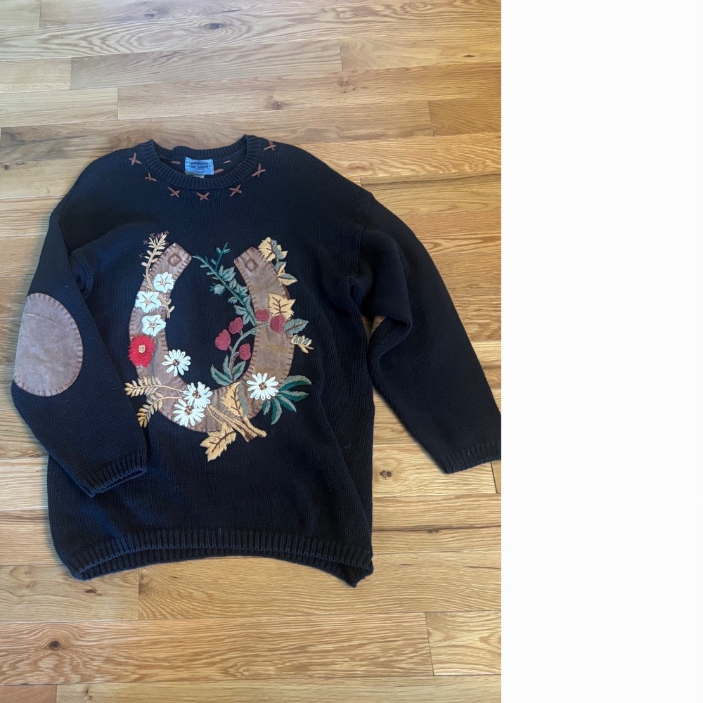 Cambridge Dry Goods Vintage Horseshoe Floral Suede Elbow Patch Sweater Large